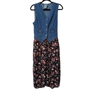 True Blue Vintage 90s Denim Floral Mixed Media Maxi Dress Button Front
